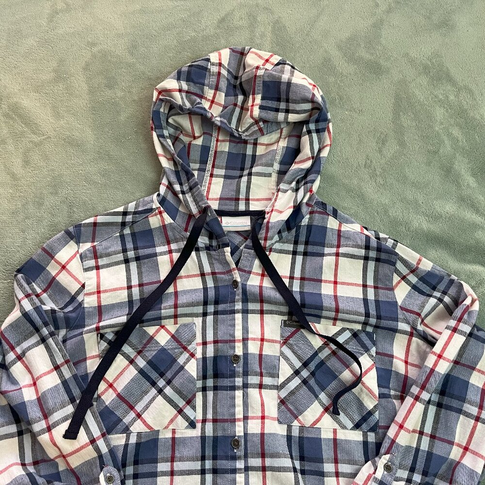 Columbia Flannel Womens XL Red White Blue Plaid Drawstring Button Up Hoodie - Picture 2 of 13